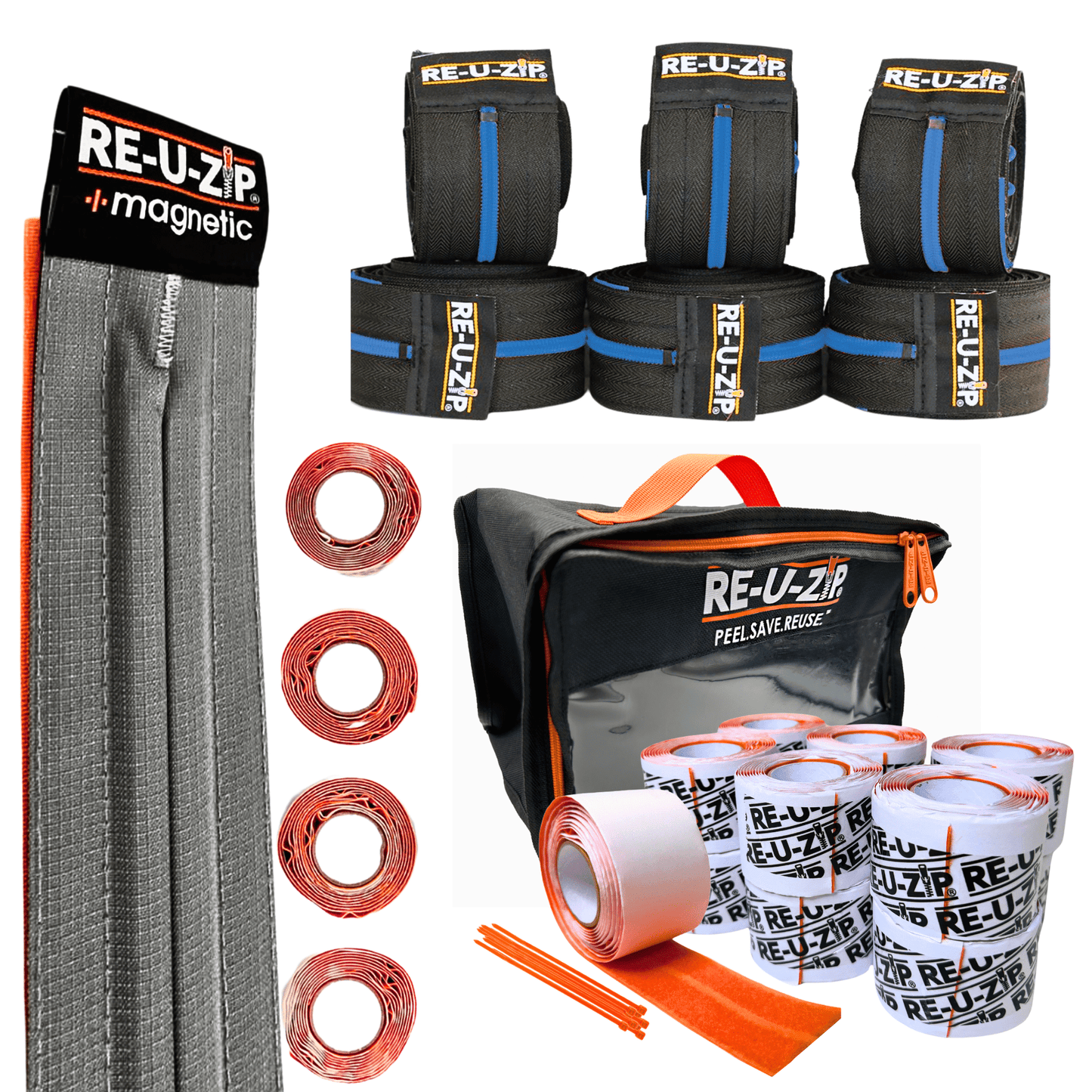 RE-U-ZIP INNOVATIVE DUST BARRIER SOLUTIONS Construction BLUE RE-U-ZIP® MAGNETIC ENTRY STRIP™ | STARTER KIT + DUST BARRIER ZIPPER | PRO BUNDLE