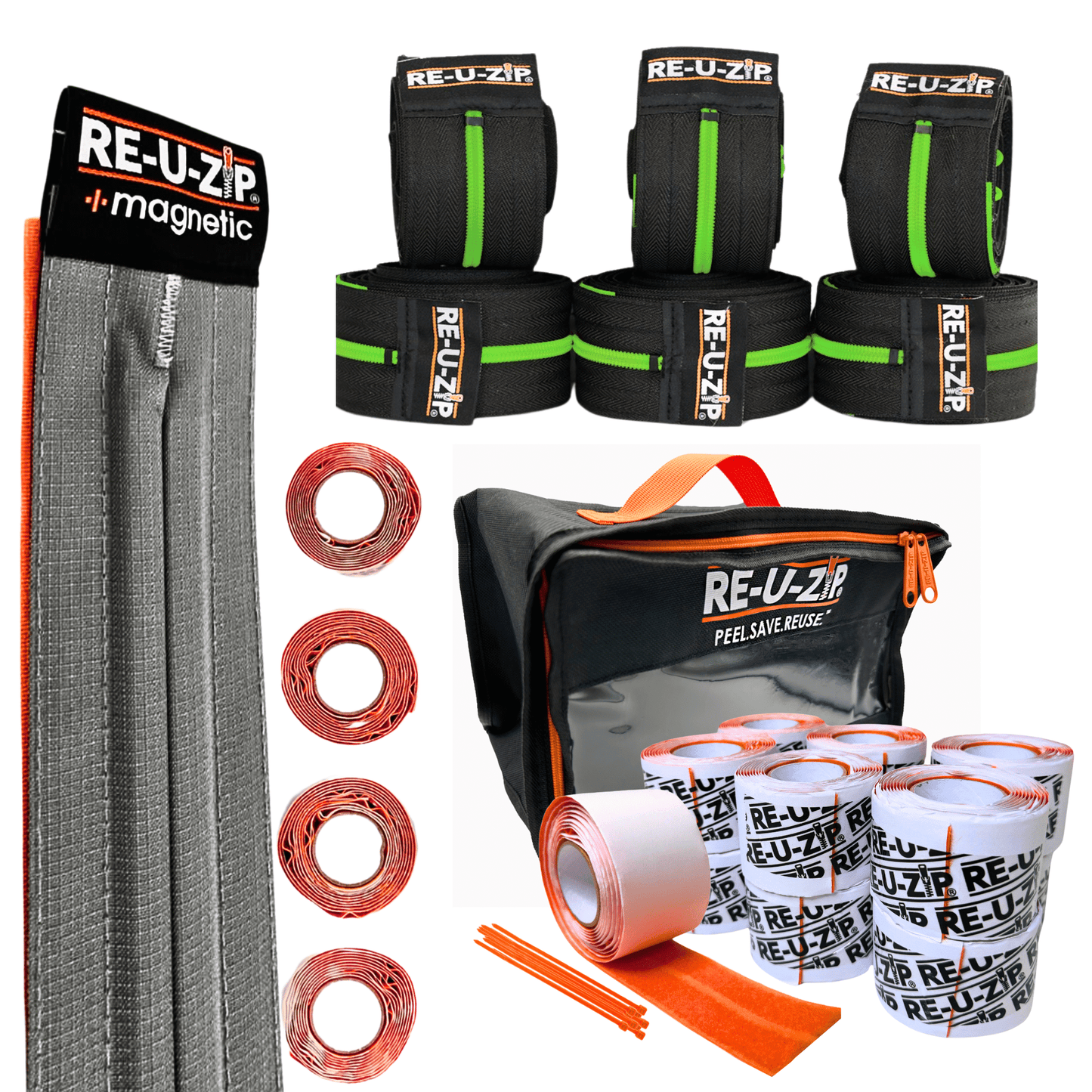 RE-U-ZIP INNOVATIVE DUST BARRIER SOLUTIONS Construction GREEN RE-U-ZIP® MAGNETIC ENTRY STRIP™ | STARTER KIT + DUST BARRIER ZIPPER | PRO BUNDLE