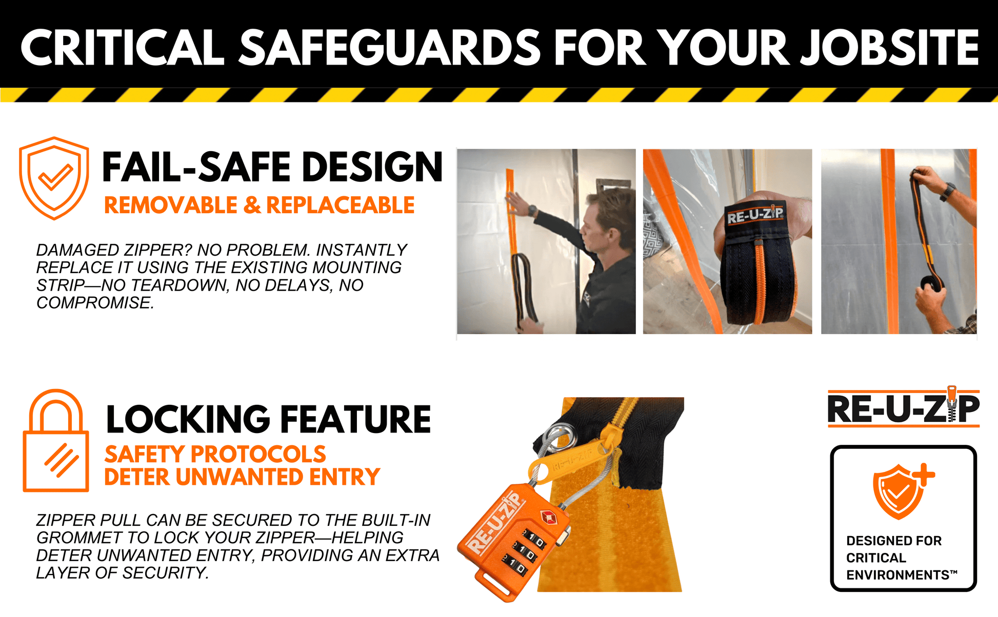 RE-U-ZIP® Reusable Dust Barrier Zipper showing Fail-Safe™ removable and replaceable design and lockable feature to deter unwanted entry—critical safeguards for professional containment.