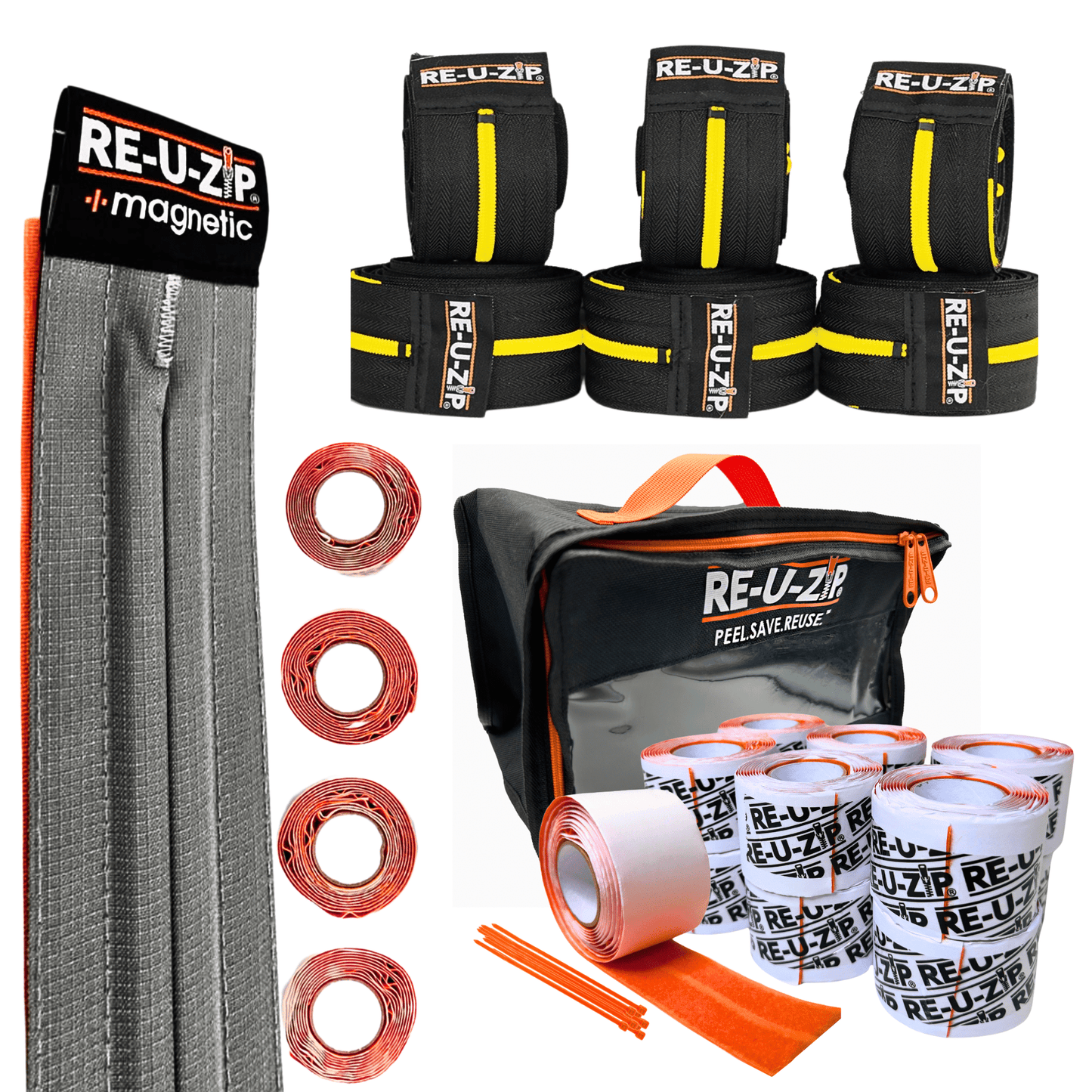 RE-U-ZIP INNOVATIVE DUST BARRIER SOLUTIONS Construction YELLOW RE-U-ZIP® MAGNETIC ENTRY STRIP™ | STARTER KIT + DUST BARRIER ZIPPER | PRO BUNDLE