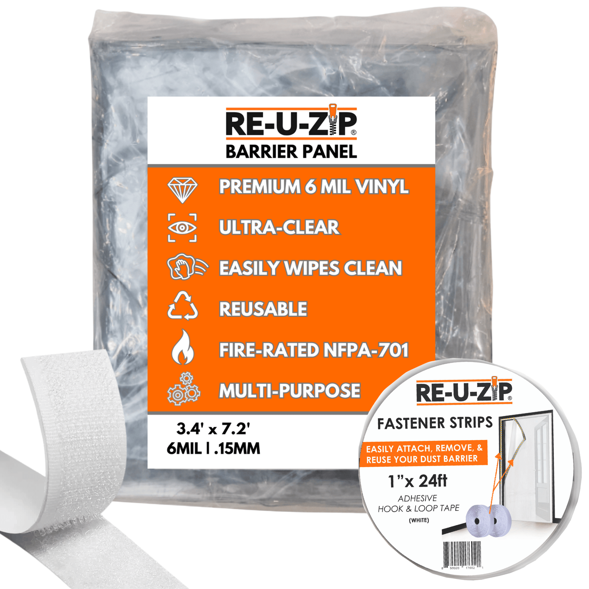 RE-U-ZIP® | DUST CONTAINMENT EVOLVED™ Construction 5 x 8.5 FT 6 Mil FR Barrier + 24 FT Fastener Strips RE-U-ZIP® ULTRA-CLEAR MAGNETIC FLAP DOOR KIT