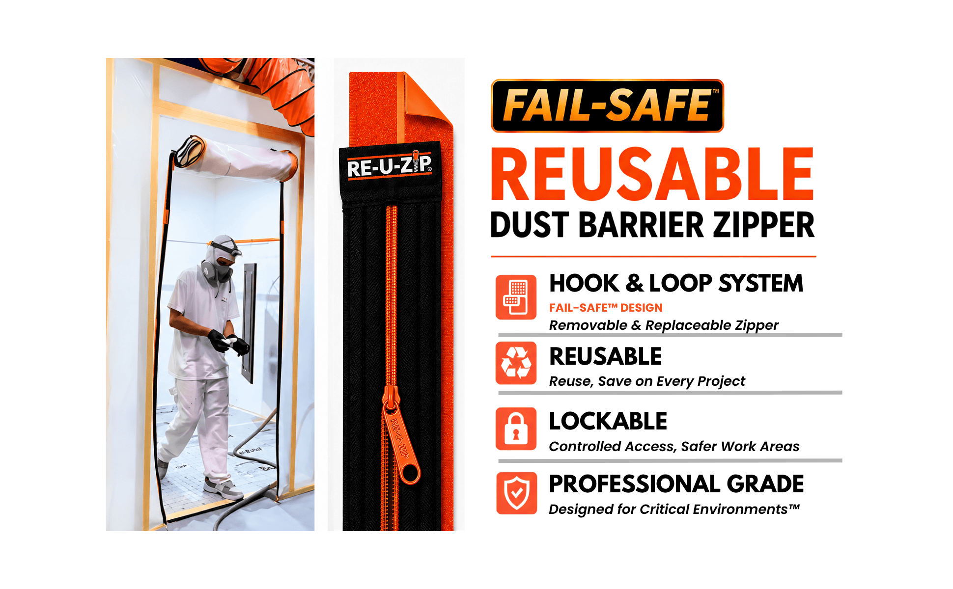 RE-U-ZIP® | DUST CONTAINMENT EVOLVED™ Construction RE-U-ZIP® Fail-Safe™ Reusable Dust Barrier Zipper (ONLY) | 180 Unit Case Pack