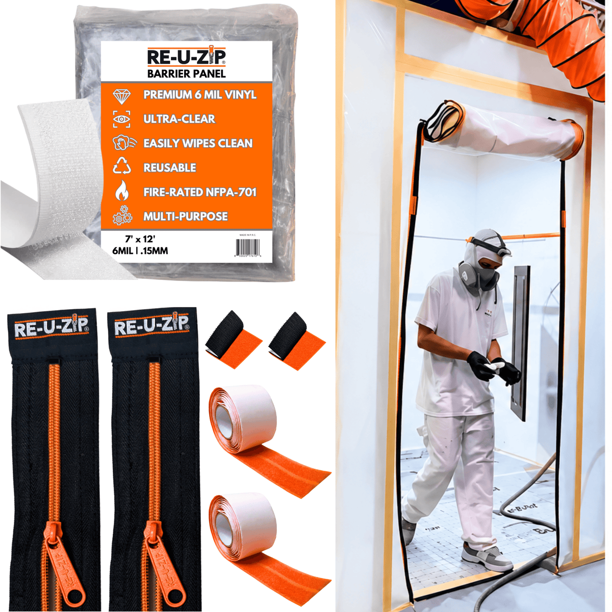 RE-U-ZIP® | DUST CONTAINMENT EVOLVED™ Construction XL | 7 x 12 FT Barrier + 24 FT Fastener Strips RE-U-ZIP® ULTRA-CLEAR ROLL-UP ZIPPER DOOR KIT