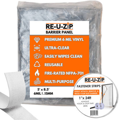 RE-U-ZIP INNOVATIVE DUST BARRIER SOLUTIONS Construction COMMERCIAL 6 Mil (5 x 8.5ft) RE-U-ZIP® ULTRA-CLEAR HOOK & LOOP BARRIER KIT