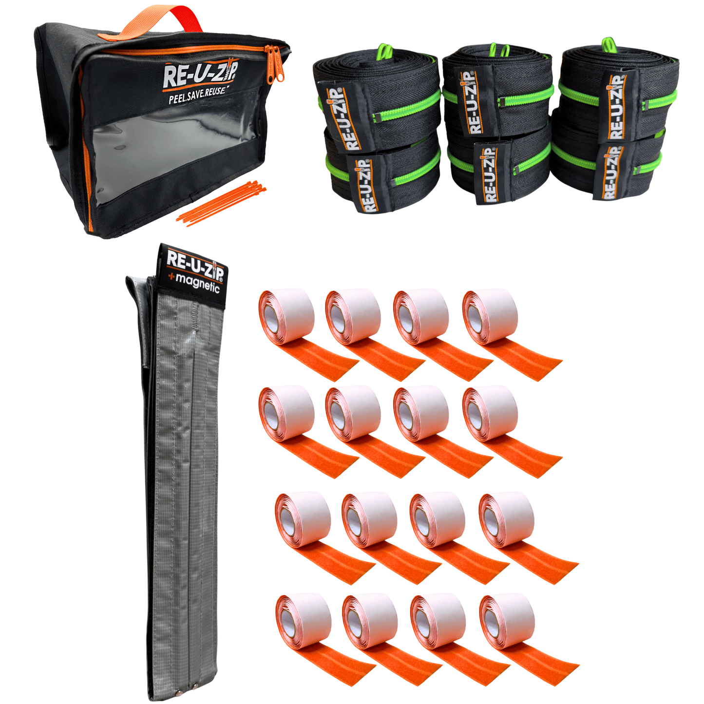 RE-U-ZIP INNOVATIVE DUST BARRIER SOLUTIONS Construction GREEN RE-U-ZIP® MAGNETIC ENTRY STRIP™ | STARTER KIT + DUST BARRIER ZIPPER | PRO BUNDLE