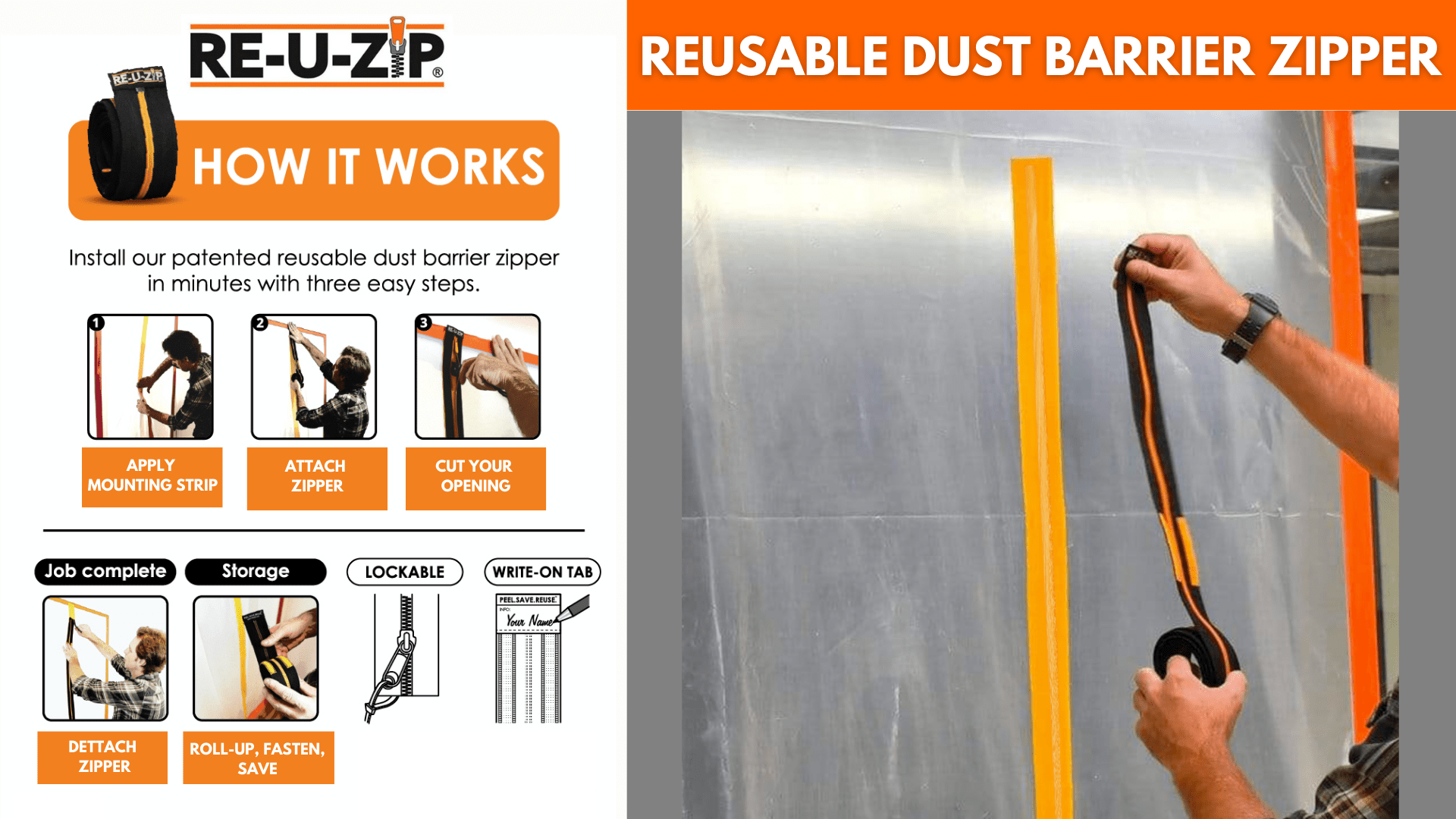 RE-U-ZIP INNOVATIVE DUST BARRIER SOLUTIONS Construction RE-U-ZIP® HEAVY-DUTY REUSABLE DUST BARRIER ZIPPER | STARTER KIT