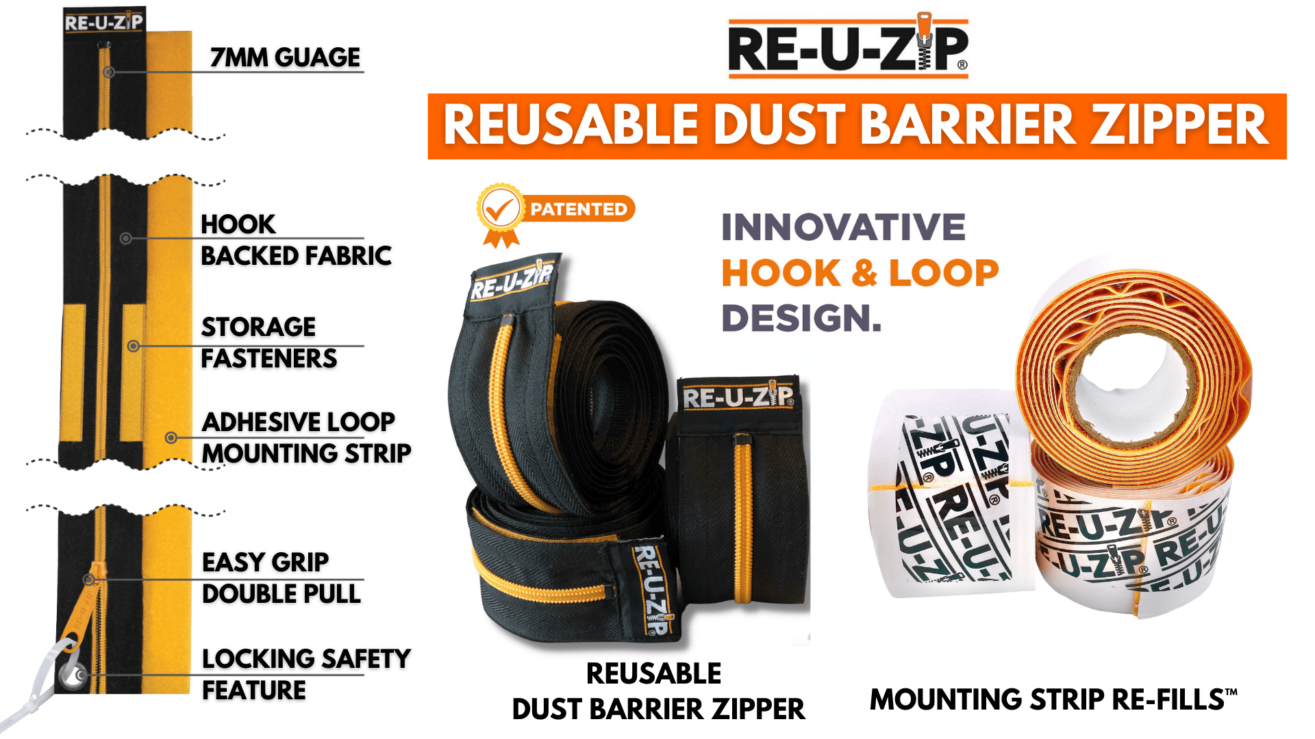 RE-U-ZIP INNOVATIVE DUST BARRIER SOLUTIONS Construction RE-U-ZIP® HEAVY-DUTY REUSABLE DUST BARRIER ZIPPER | STARTER KIT