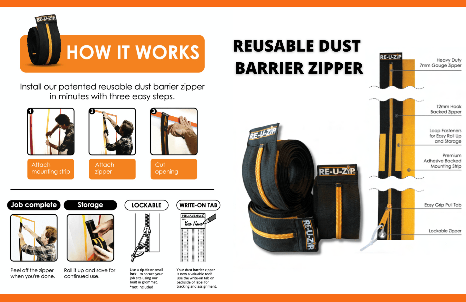 RE-U-ZIP INNOVATIVE DUST BARRIER SOLUTIONS Construction RE-U-ZIP™ REUSABLE MAGNETIC ENTRY STRIP & DUST BARRIER ZIPPER | STARTER KIT